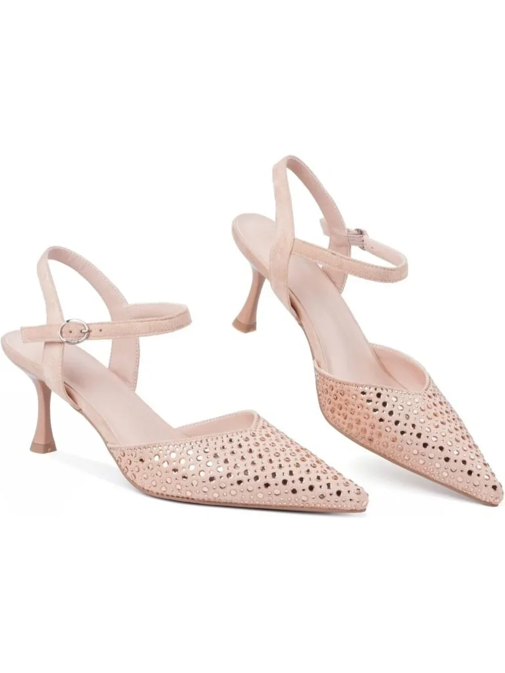 Women Pink_rhinestone Slingback Kitten Pointed Closed Toe Pump Low Stiletto Heel